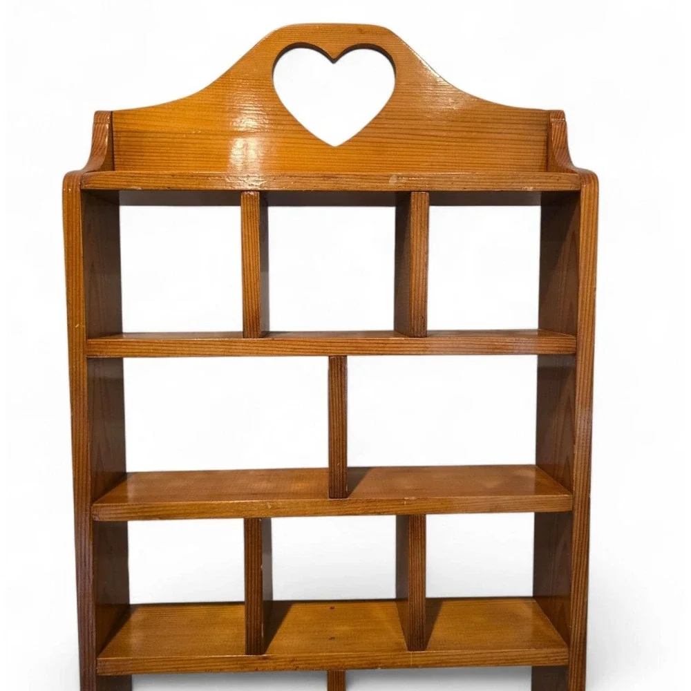 Vintage Wood Trinket Shelf Shadow Box Display Heart Cutout Wall Hanging Unit
